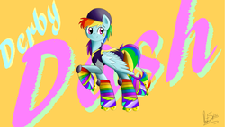 Size: 1440x818 | Tagged: dead source, safe, artist:paint-splotch, rainbow dash, pegasus, pony, g4, female, helmet, knee pads, mare, roller derby, roller skates, solo