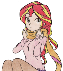 Size: 3534x3962 | Tagged: safe, artist:baekgup, artist:baekgup edits, artist:outlaw-marston, sunset shimmer, equestria girls, g4, clothes, female, high res, scarf, simple background, solo, trace, traditional art, white background