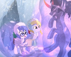 Size: 1200x959 | Tagged: safe, artist:bluse, derpy hooves, king sombra, oc, pegasus, pony, g4, angry, bondage, clothes, coat, encasement, female, frozen, glasses, ice, mare, open mouth, paper, show accurate, trio, unamused