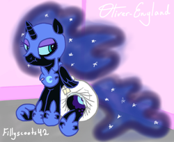 Size: 617x505 | Tagged: safe, artist:fillyscoots42, artist:oliver-england, nightmare moon, g4, colored, cute, diaper, female, filly, nightmare woon, non-baby in diaper, poofy diaper, solo, story included