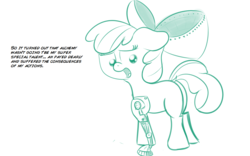 Size: 1344x840 | Tagged: safe, artist:cosmonaut, apple bloom, earth pony, pony, g4, twilight time, alchemy, amputee, automail, butt, comic, crossover, dock, fail, fullmetal alchemist, plot, prosthetic limb, prosthetics, tail, this will end in tears and/or death and/or covered in tree sap, tree sap and pine needles