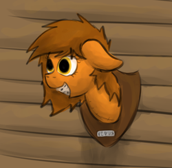 Size: 540x528 | Tagged: safe, artist:marsminer, oc, oc only, oc:venus spring, pony, unicorn, braces, dead, decapitated, female, floppy ears, hunting trophy, implied murder, mare, mounted head, severed head, smiling, solo, taxidermy, teeth, text