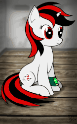 Size: 1000x1600 | Tagged: safe, artist:koshakevich, oc, oc only, oc:blackjack, pony, unicorn, fallout equestria, fallout equestria: project horizons, animated, blinking, cutie mark, fanfic, fanfic art, female, gif, hooves, horn, mare, pipbuck, sitting, smiling, solo, vector