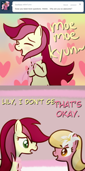 Size: 650x1300 | Tagged: safe, artist:why485, lily, lily valley, roseluck, ask the flower trio, g4, ask, comic, moe moe kyun, tumblr