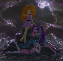 Size: 1438x1412 | Tagged: safe, artist:carnifex, adagio dazzle, aria blaze, sonata dusk, equestria girls, g4, :t, barefoot, bedroom eyes, clothes, feet, female, looking at you, nymph(mythological), prone, scenery, sirens doing siren things, sitting, smiling, the dazzlings, toga, trio