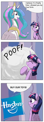 Size: 1024x2774 | Tagged: safe, artist:otakuap edit, princess celestia, twilight sparkle, alicorn, pony, g4, buy our toys, celestia's true form, comic, dialogue, exploitable meme, female, fourth wall, hasbro, hasbro logo, logo, mare, meme, poof, scrunchy face, speech bubble, transformation, true form, twilight sparkle (alicorn)