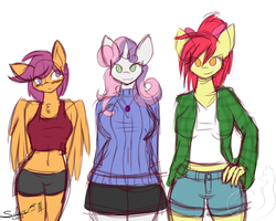 Size: 2500x2000 | Tagged: safe, artist:silverfox057, apple bloom, scootaloo, sweetie belle, earth pony, pegasus, unicorn, anthro, ask nerdy scootaloo, g4, ask, belly button, blushing, bow, breasts, clothes, colored sketch, cute, cutie mark crusaders, hair bow, high res, looking at you, midriff, necklace, older, shirt, shorts, simple background, sketch, skirt, sweater, tumblr, white background