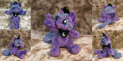 Size: 2400x1200 | Tagged: safe, artist:essorille, princess luna, g4, both cutie marks, female, filly, irl, photo, plushie, s1 luna, sitting, solo, tongue out, woona