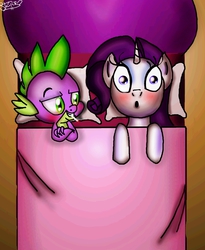 Size: 1640x2000 | Tagged: safe, artist:lennonblack, rarity, spike, dragon, pony, g4, aftersex, bed, blushing, cigarette, female, male, mare, pillow, ship:sparity, shipping, smoking, straight