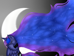 Size: 756x576 | Tagged: safe, artist:dashie3333, princess luna, alicorn, pony, g4, crescent moon, cutie mark, eyes closed, female, huge mane, long mane, moon, sitting, solo, spread wings