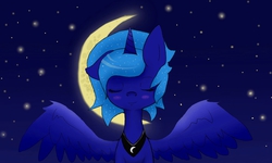 Size: 1600x960 | Tagged: safe, artist:silverhopexiii, princess luna, g4, blushing, eyes closed, female, moon, smiling, solo, spread wings