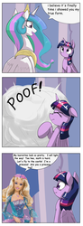 Size: 1752x4736 | Tagged: safe, artist:otakuap edit, princess celestia, twilight sparkle, alicorn, pony, g4, barbie, celestia hate, celestia's true form, character to character, comic, dialogue, exploitable meme, female, let's fly to the castle, mare, meme, poof, speech bubble, talking princess celestia, transformation, twilight sparkle (alicorn)