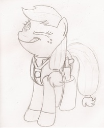 Size: 2040x2504 | Tagged: safe, artist:birdco, applejack, g4, clothes, female, han solo, high res, monochrome, solo, traditional art