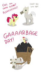 Size: 1500x2709 | Tagged: artist needed, safe, apple bloom, oc, g4, cart, garbage day, garbage pony, trash