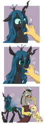 Size: 1000x2840 | Tagged: safe, artist:ta-na, discord, fluttershy, queen chrysalis, changeling, changeling queen, draconequus, pegasus, pony, g4, angry, bandage, bipedal, biting, blushing, boop, comic, crying, eye clipping through hair, eyebrows, eyebrows visible through hair, fangs, female, floppy ears, frown, glare, gritted teeth, looking back, male, mare, mouth hold, non-consensual booping, raised hoof, sad, sweat, sweatdrop, trio, tsundalis, tsundere, wide eyes, wrong eye color