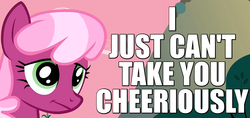 Size: 850x400 | Tagged: safe, screencap, cheerilee, g4, hearts and hooves day (episode), caption, cheerious, disdain, female, hearts and hooves day, image macro, pun, reaction image, solo