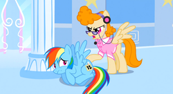 Size: 1099x597 | Tagged: safe, screencap, lucy packard, rainbow dash, pegasus, pony, g4, sonic rainboom (episode), cloudsdale, glasses, nervous, spread wings, wings