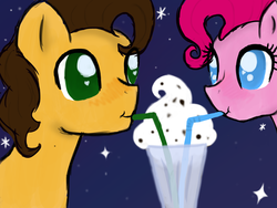 Size: 2000x1500 | Tagged: safe, artist:elizaisepic, cheese sandwich, pinkie pie, g4, female, looking at each other, male, milkshake, sharing a drink, ship:cheesepie, shipping, straight, straw