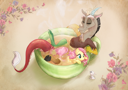 Size: 1365x965 | Tagged: safe, artist:c-puff, angel bunny, discord, fluttershy, draconequus, pegasus, pony, rabbit, g4, angel bunny is not amused, animal, bathing, cup, cup of pony, cute, discute, drink, eyes closed, female, flower, male, mare, relaxed, ship:discoshy, shipping, shyabetes, smiling, straight, sweet dreams fuel, tea, unamused, wet