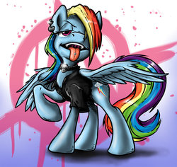 Size: 900x850 | Tagged: safe, artist:sonicpegasus, rainbow dash, g4, clothes, earring, female, hair over one eye, punk, shirt, solo, tongue out, tongue piercing