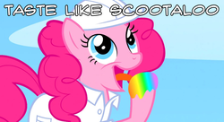 Size: 960x521 | Tagged: safe, pinkie pie, scootaloo, fanfic:rainbow factory, g4, sonic rainboom (episode), caption, female, meme, rainbows, solo, taste the rainbow