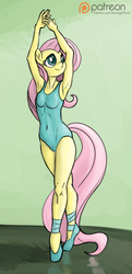 Size: 1000x2070 | Tagged: safe, artist:smudge proof, fluttershy, anthro, plantigrade anthro, g4, armpits, ballet, breasts, female, flattershy, green leotard, leotard, patreon, patreon logo, sketch, skinny, solo, thin