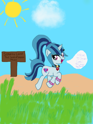 Size: 1536x2048 | Tagged: safe, artist:robocheatsy, sonata dusk, pony, unicorn, g4, dialogue, equestria girls ponified, female, gem, grass, horn, lego, ponified, reference, sign, siren gem, solo, sonataco, speech bubble, spiked wristband, sun, the lego movie, trotting, unicorn sonata dusk, wristband