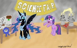 Size: 1280x800 | Tagged: safe, artist:anearbyanimal, nightmare moon, twilight sparkle, pony, g4, biased, brian regan, cup of dirt, nepotism, rigged, science fair