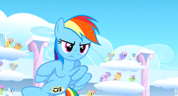 Size: 1099x597 | Tagged: safe, screencap, derpy hooves, dizzy twister, endless clouds, high spirits, lightning bolt, merry may, orange swirl, rainbow dash, sunny moon, white lightning, wing wishes, pegasus, pony, g4, season 1, sonic rainboom (episode), background pony, background pony audience, cute, dashabetes, female, flapping, flying, frown, mare, narrowed eyes, pumpkin tart (g4), solo focus