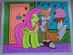 Size: 4608x3456 | Tagged: safe, artist:dark-seid, fluttershy, g4, crossover, crossover shipping, female, fluttertails, ice cream, ice cream cone, male, miles "tails" prower, neapolitan, photo, shipping, sonic the hedgehog (series), straight, traditional art