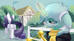 Size: 1920x1080 | Tagged: safe, artist:underpable, lyra heartstrings, rarity, pony, unicorn, fanfic:background pony, g4, blushing, bush, butt, clothes, cold, dig the swell hoodie, dock, fanfic art, female, fence, flag, floppy ears, hoodie, horn, horn blush, lyre, mare, musical instrument, plot, raised hoof, rearity, red nosed, sad, scarf, sick, underhoof, wallpaper
