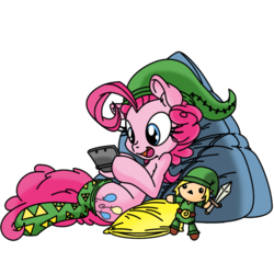 Size: 2000x2000 | Tagged: safe, alternate version, artist:dfectivedvice, artist:pananovich, pinkie pie, g4, 3ds, clothes, female, high res, link, playing, plushie, simple background, solo, stockings, the legend of zelda, transparent background