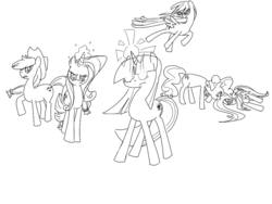 Size: 900x675 | Tagged: safe, artist:that-technique, applejack, fluttershy, pinkie pie, rainbow dash, rarity, twilight sparkle, g4, glowing eyes, lineart, magic, mane six, monochrome