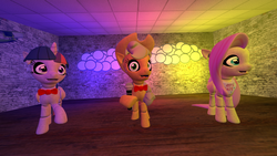 Size: 1024x576 | Tagged: safe, applejack, fluttershy, twilight sparkle, alicorn, pony, robot, robot pony, five nights at aj's, g4, 3d, animatronic, applefreddy, applefreddy fazjack's pizzeria, chicashy, creepy, female, five nights at freddy's, flutterchica, gmod, mare, solo, source filmmaker, toy applefazjack, twibon, twilight sparkle (alicorn)