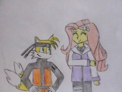 Size: 1024x768 | Tagged: safe, artist:brandonale, fluttershy, equestria girls, g4, clothes, cosplay, costume, crossover, crossover shipping, female, fluttertails, hyuuga hinata, male, miles "tails" prower, naruhina, naruto, shipping, sonic the hedgehog (series), straight, traditional art, uzumaki naruto