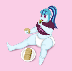 Size: 2393x2367 | Tagged: dead source, safe, artist:clickerofcookies, sonata dusk, equestria girls, g4, barefoot, breasts, chubby, diaper, eating, feet, female, high res, non-baby in diaper, solo, sonataco, taco, taco tuesday