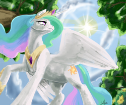 Size: 3000x2500 | Tagged: safe, artist:silfoe, princess celestia, alicorn, pony, royal sketchbook, g4, female, high res, looking back, mare, partially open wings, signature, smiling, solo, spread wings, sun, wings