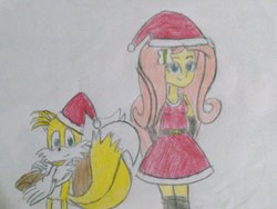 Size: 1024x768 | Tagged: safe, artist:brandonale, fluttershy, equestria girls, g4, christmas, clothes, costume, crossover, crossover shipping, dress, female, fluttertails, hat, male, miles "tails" prower, photo, santa claus, santa costume, santa hat, shipping, sonic the hedgehog (series), straight, traditional art