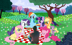 Size: 3840x2400 | Tagged: safe, applejack, fluttershy, pinkie pie, rainbow dash, rarity, spike, twilight sparkle, g4, food, high res, mane six, outdoors, picnic, roni conti