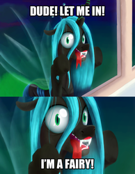 Size: 1400x1800 | Tagged: safe, artist:4as, queen chrysalis, fairy, g4, dude let me in, female, image macro, meme, reference, seems legit, solo, window