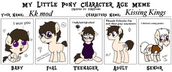 Size: 900x383 | Tagged: safe, artist:kissingkings, oc, oc only, oc:kissing kings, pony, adult, age, elderly, foal, meme, teenager