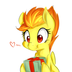 Size: 1024x1024 | Tagged: safe, artist:jovalic, spitfire, pegasus, pony, g4, cute, cutefire, female, floating heart, heart, present, scrunchy face, simple background, solo