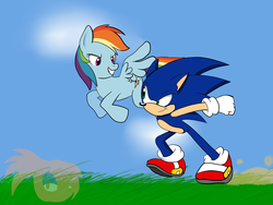Size: 1600x1200 | Tagged: dead source, safe, artist:tails-doll-lover, rainbow dash, g4, crossover, male, race, racing, sonic the hedgehog, sonic the hedgehog (series), watermark