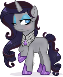 Size: 1024x1256 | Tagged: safe, artist:nightmarelunafan, oc, oc only, oc:nocturne shadow, bedroom eyes, blank flank, blushing, eyeshadow, makeup, not rarity, offspring, parent:king sombra, parent:rarity, parents:sombrarity, raised hoof, simple background, smiling, solo, transparent background, wink