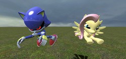 Size: 1280x600 | Tagged: safe, artist:chowderxpanini1337, fluttershy, g4, 3d, crossover, female, field, gmod, mare, metal sonic, overcast, race, sonic the hedgehog, sonic the hedgehog (series), vs