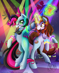 Size: 3060x3756 | Tagged: safe, artist:thenornonthego, oc, oc only, oc:chemical glow, oc:island beat, pegasus, pony, unicorn, bipedal, bracelet, chest fluff, club, dance floor, dancing, drink, ear piercing, earring, glasses, glow rings, high res, jewelry, magic, neckerchief, piercing, telekinesis