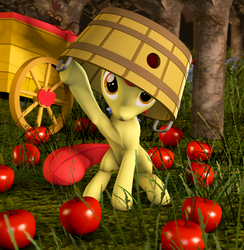 Size: 1320x1352 | Tagged: safe, artist:zigidi94, apple bloom, earth pony, pony, g4, 3d, adorabloom, apple, bucket, cart, cute, diabetes, female, looking at you, silly, silly pony, sitting, solo, source filmmaker