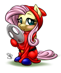 Size: 700x837 | Tagged: safe, artist:pia-sama, fluttershy, pegasus, pony, shy guy, g4, :o, blushing, clothes, cosplay, crossover, cute, female, fluttershy guy, looking at you, mask, nintendo, shy, shyabetes, simple background, sitting, solo, super mario bros., white background