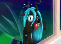 Size: 1280x914 | Tagged: safe, artist:4as, queen chrysalis, changeling, changeling queen, fairy, g4, against glass, dude let me in, female, sharp teeth, solo, window