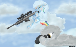 Size: 1280x800 | Tagged: safe, artist:anearbyanimal, derpy hooves, rainbow dash, pegasus, pony, g4, barrett, barrett m82, binoculars, cloud, cutie mark, duo, female, floppy ears, ghillie suit, gun, hooves, lying down, lying on a cloud, mare, on a cloud, optical sight, rifle, sitting, sitting on a cloud, sniper, sniper rifle, weapon